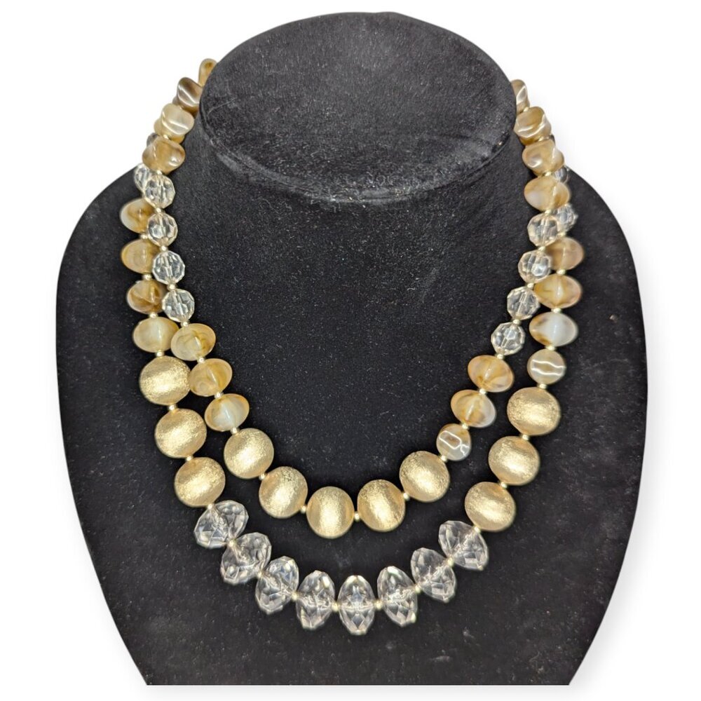 Vintage Chico's Signed Gold Tone Multi Media Chunky Beaded Double Strand Necklac